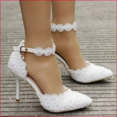 Elegant Wedding Bridal Shoes in White and Pink