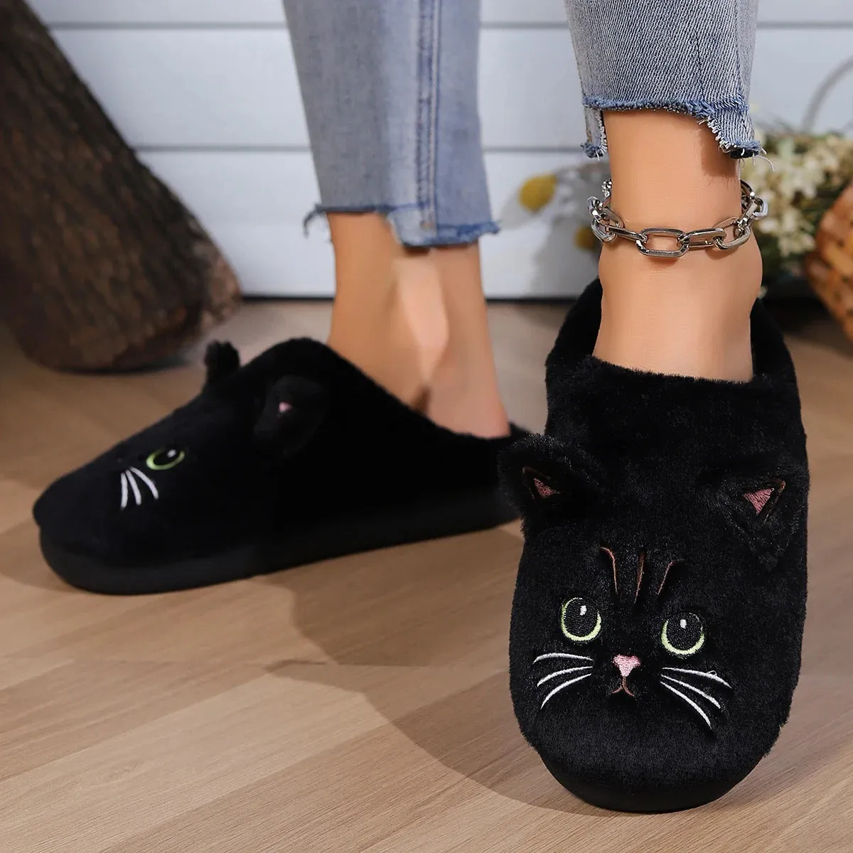 Kawaii Cartoon Cat Fuzzy Slippers - Ultra Soft Fabric Inner, Plush Flat Sole, Cozy Warmth, TPR Durable Outsole, Fabric Upper - P