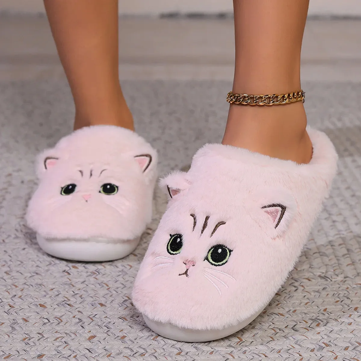 Kawaii Cartoon Cat Fuzzy Slippers - Ultra Soft Fabric Inner, Plush Flat Sole, Cozy Warmth, TPR Durable Outsole, Fabric Upper - P