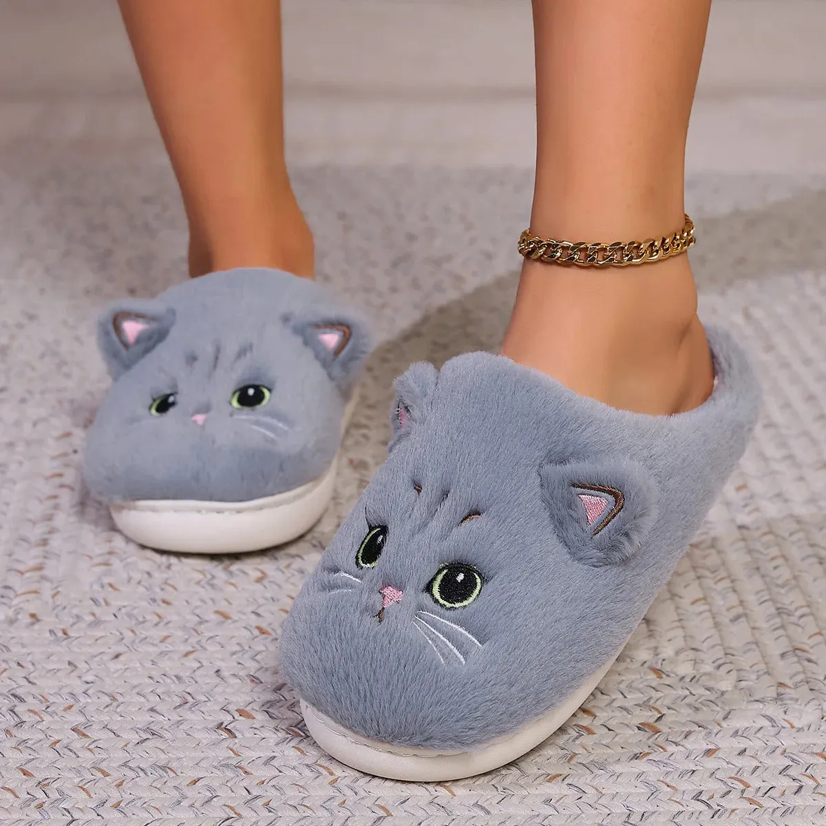 Kawaii Cartoon Cat Fuzzy Slippers - Ultra Soft Fabric Inner, Plush Flat Sole, Cozy Warmth, TPR Durable Outsole, Fabric Upper - P