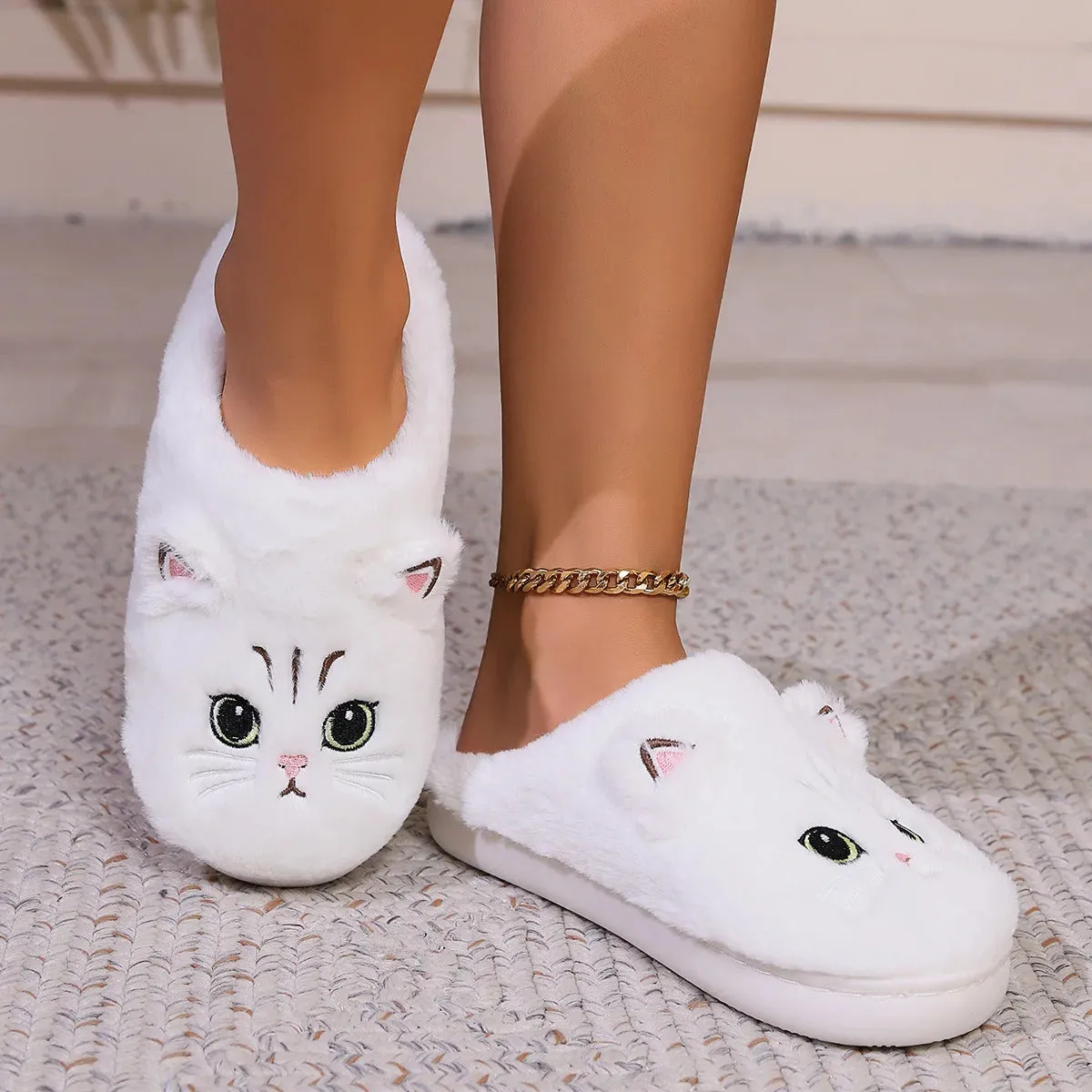 Kawaii Cartoon Cat Fuzzy Slippers - Ultra Soft Fabric Inner, Plush Flat Sole, Cozy Warmth, TPR Durable Outsole, Fabric Upper - P