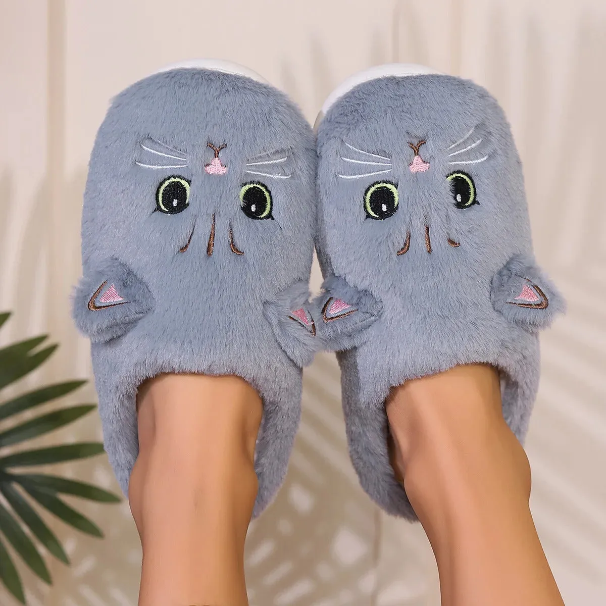 Kawaii Cartoon Cat Fuzzy Slippers - Ultra Soft Fabric Inner, Plush Flat Sole, Cozy Warmth, TPR Durable Outsole, Fabric Upper - P