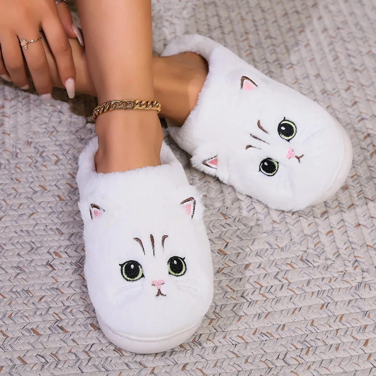Kawaii Cartoon Cat Fuzzy Slippers - Ultra Soft Fabric Inner, Plush Flat Sole, Cozy Warmth, TPR Durable Outsole, Fabric Upper - P