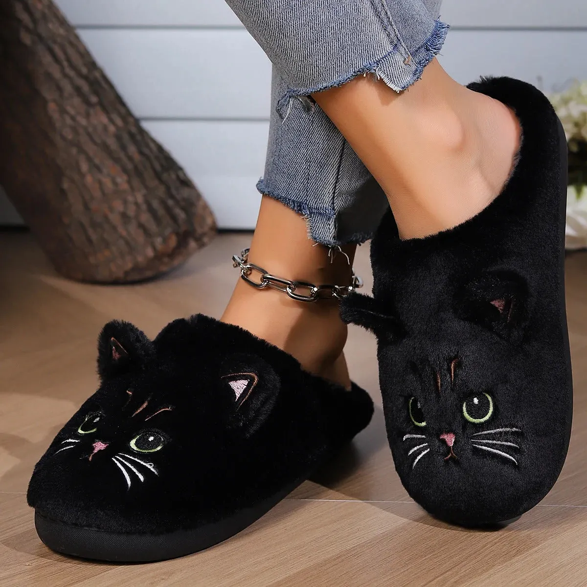 Kawaii Cartoon Cat Fuzzy Slippers - Ultra Soft Fabric Inner, Plush Flat Sole, Cozy Warmth, TPR Durable Outsole, Fabric Upper - P