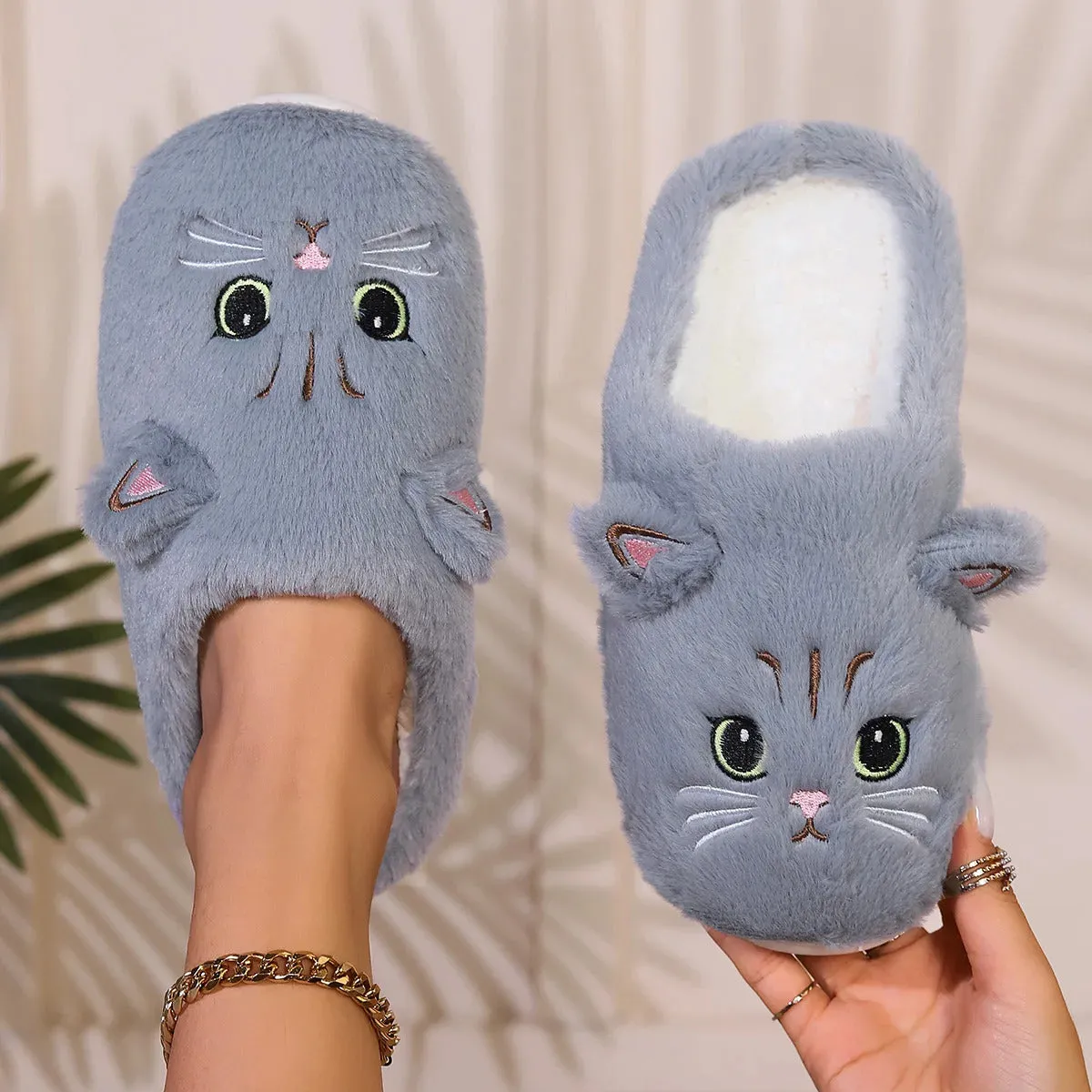 Kawaii Cartoon Cat Fuzzy Slippers - Ultra Soft Fabric Inner, Plush Flat Sole, Cozy Warmth, TPR Durable Outsole, Fabric Upper - P