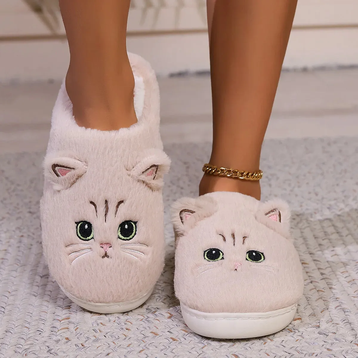 Kawaii Cartoon Cat Fuzzy Slippers - Ultra Soft Fabric Inner, Plush Flat Sole, Cozy Warmth, TPR Durable Outsole, Fabric Upper - P