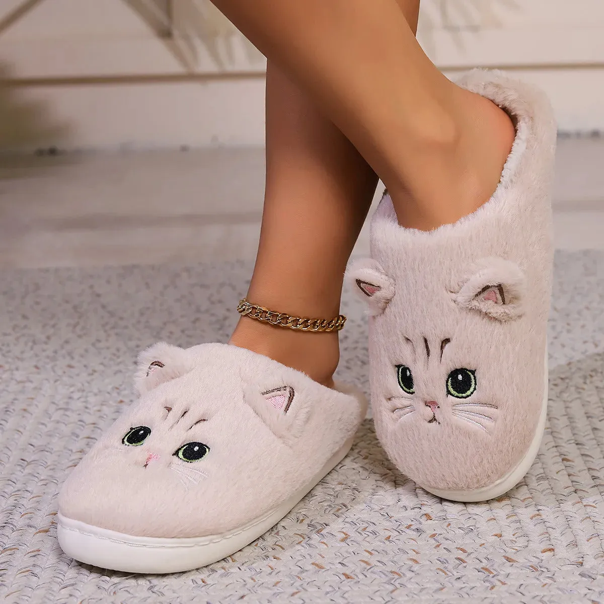 Kawaii Cartoon Cat Fuzzy Slippers - Ultra Soft Fabric Inner, Plush Flat Sole, Cozy Warmth, TPR Durable Outsole, Fabric Upper - P