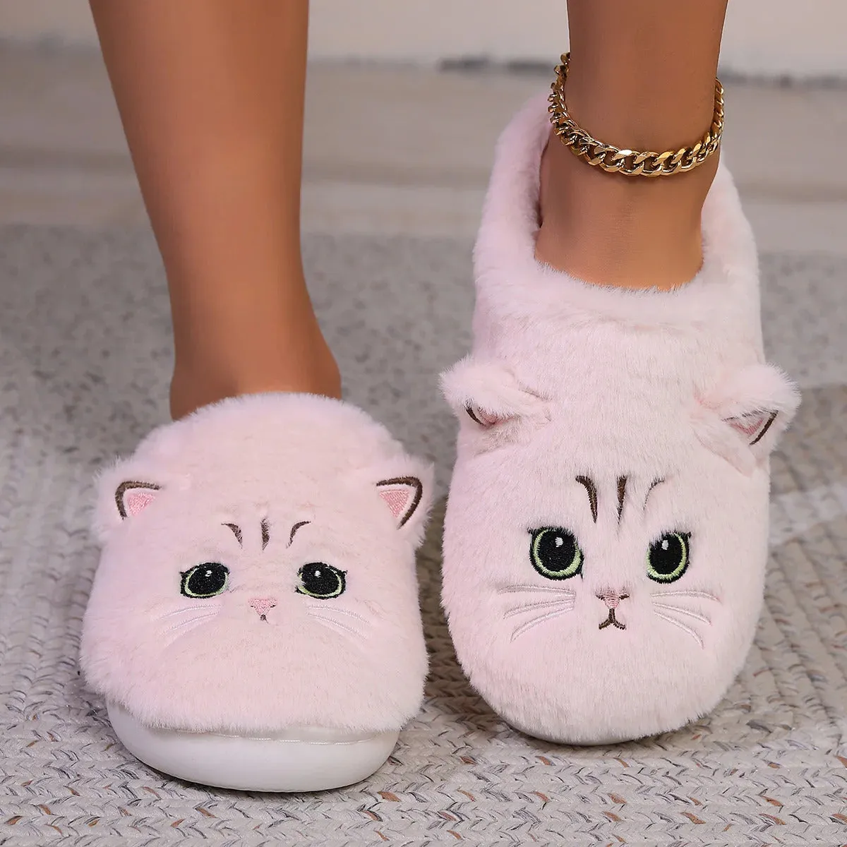 Kawaii Cartoon Cat Fuzzy Slippers - Ultra Soft Fabric Inner, Plush Flat Sole, Cozy Warmth, TPR Durable Outsole, Fabric Upper - P