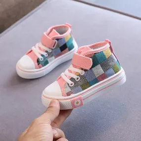 Kids Boys Girls High Top Checkered Lattice Canvas Shoes