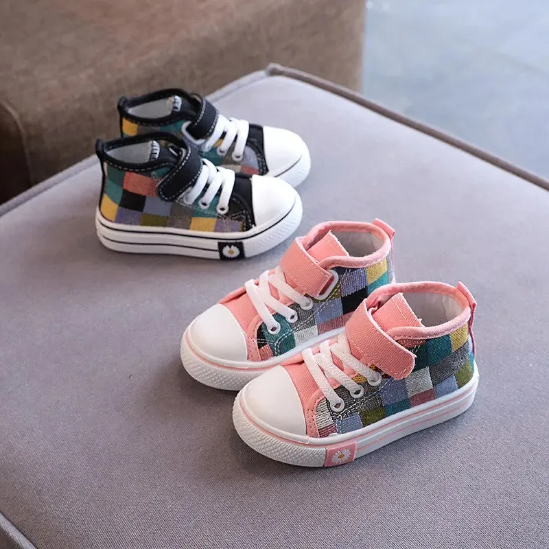 Kids Boys Girls High Top Checkered Lattice Canvas Shoes