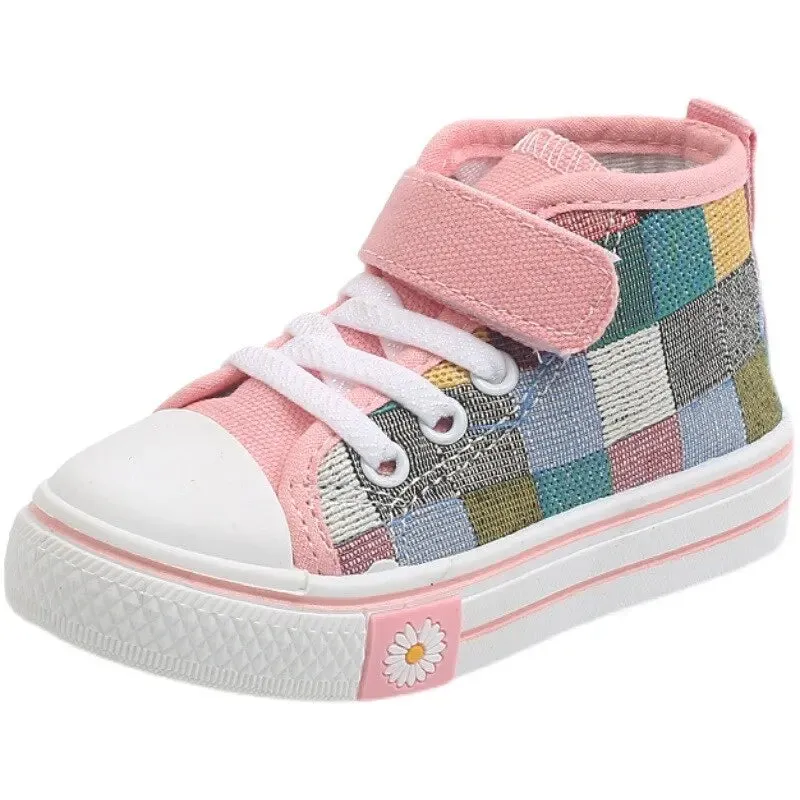Kids Boys Girls High Top Checkered Lattice Canvas Shoes