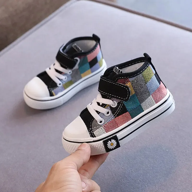 Kids Boys Girls High Top Checkered Lattice Canvas Shoes