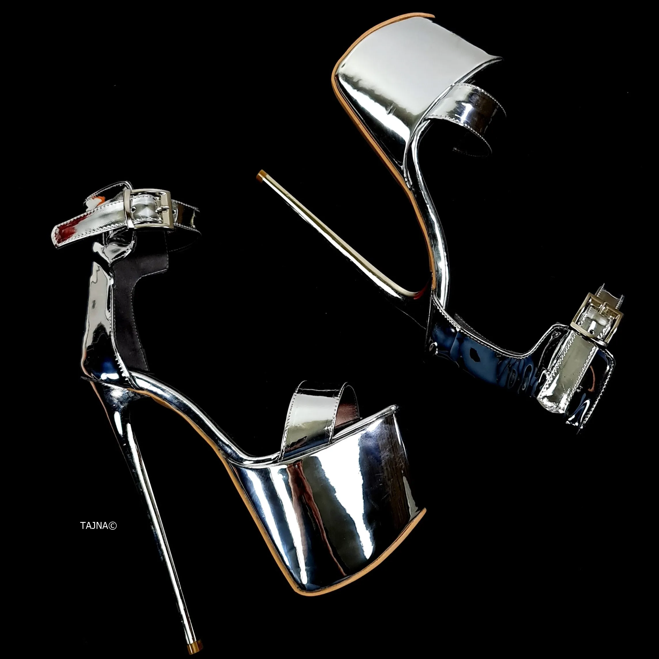 Silver Mirror Ankle Strap Metallic Heel Sandals