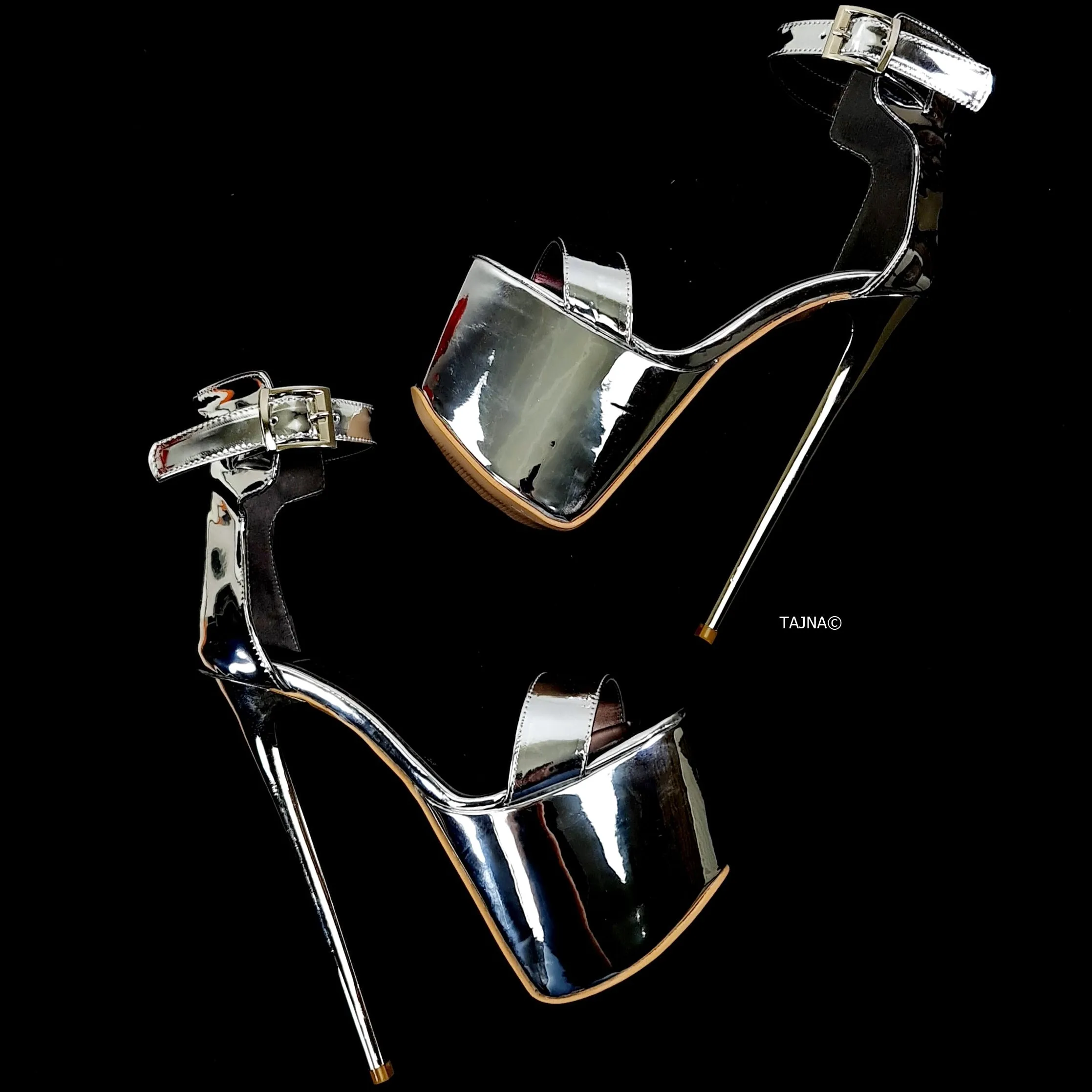 Silver Mirror Ankle Strap Metallic Heel Sandals