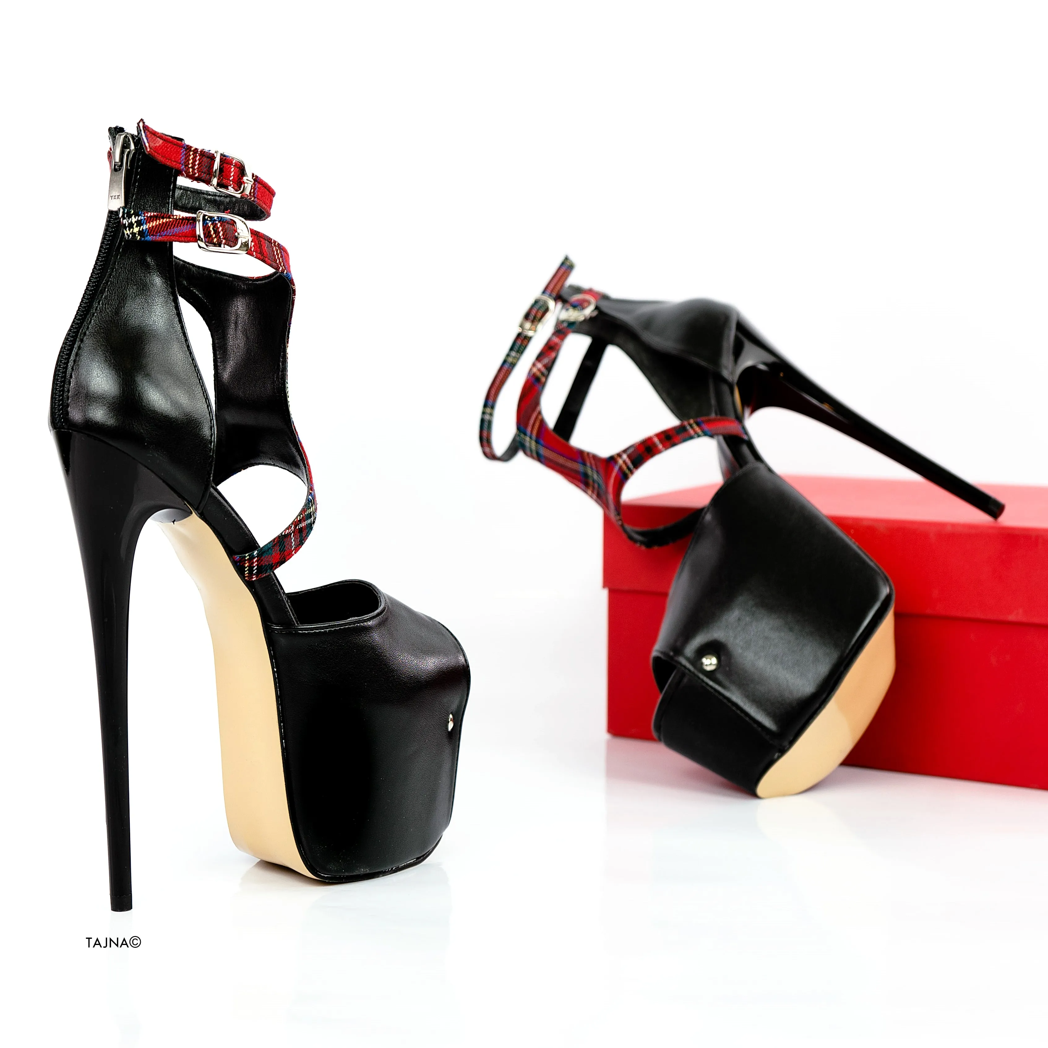 Tartan Detail Double Belted High Heels