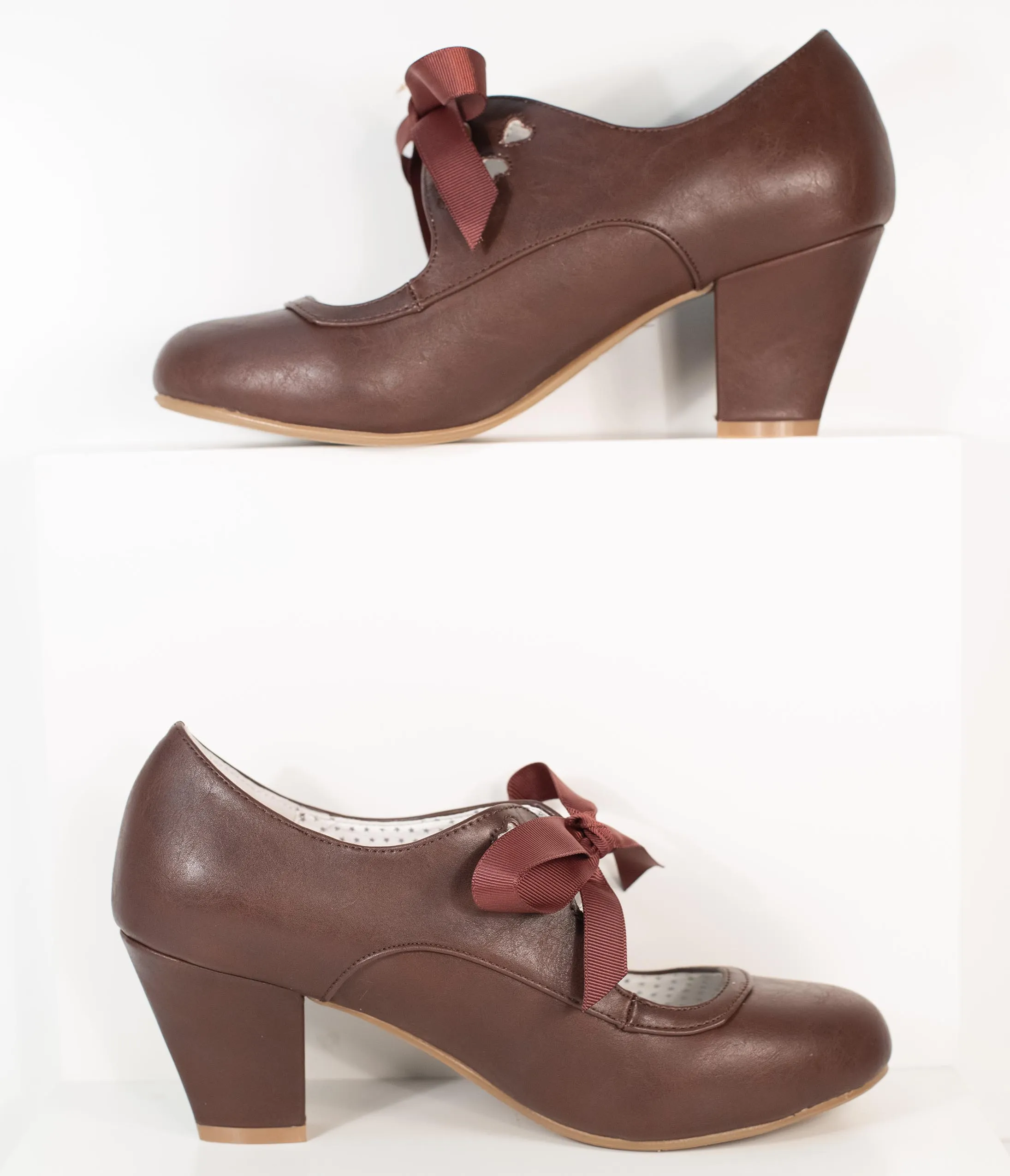 Vintage Style Dark Brown Leatherette Wiggle Bow Heels