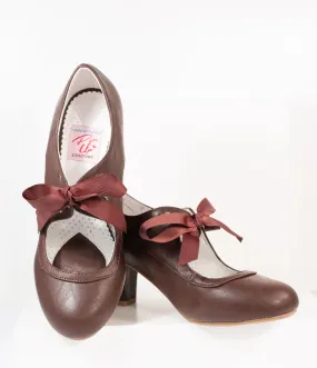 Vintage Style Dark Brown Leatherette Wiggle Bow Heels