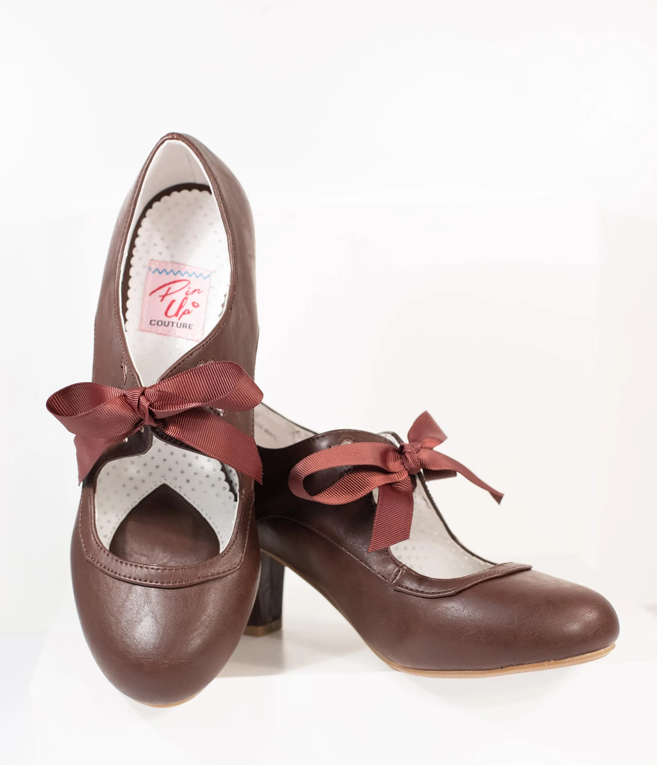 Vintage Style Dark Brown Leatherette Wiggle Bow Heels